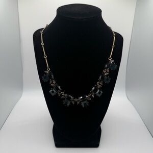 J Crew Gold Tone Black and Blue Rhinestone Necklace